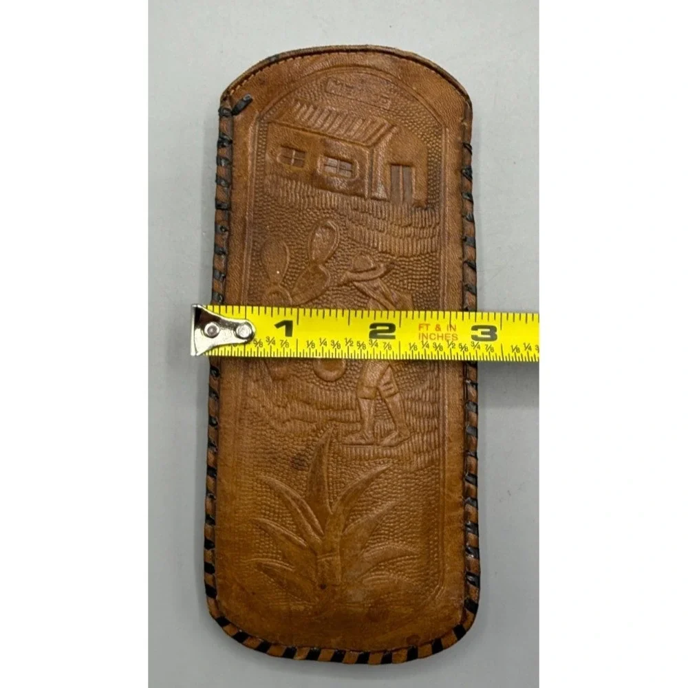 Genuine Hand Tooled Mexican Leather Aztec Pyramid, Sunstone Lined Eye Glass Case